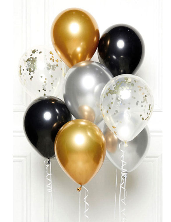 Bouquet de 8 ballons noir, or et argent 27 cm avec confettis