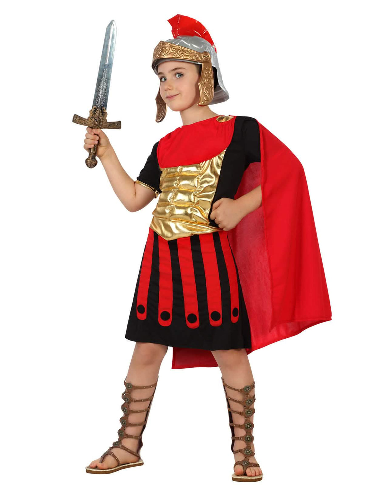 Rimski centurionski kostim za dijete crvena, crna i zlatna s plaštem i kacigom