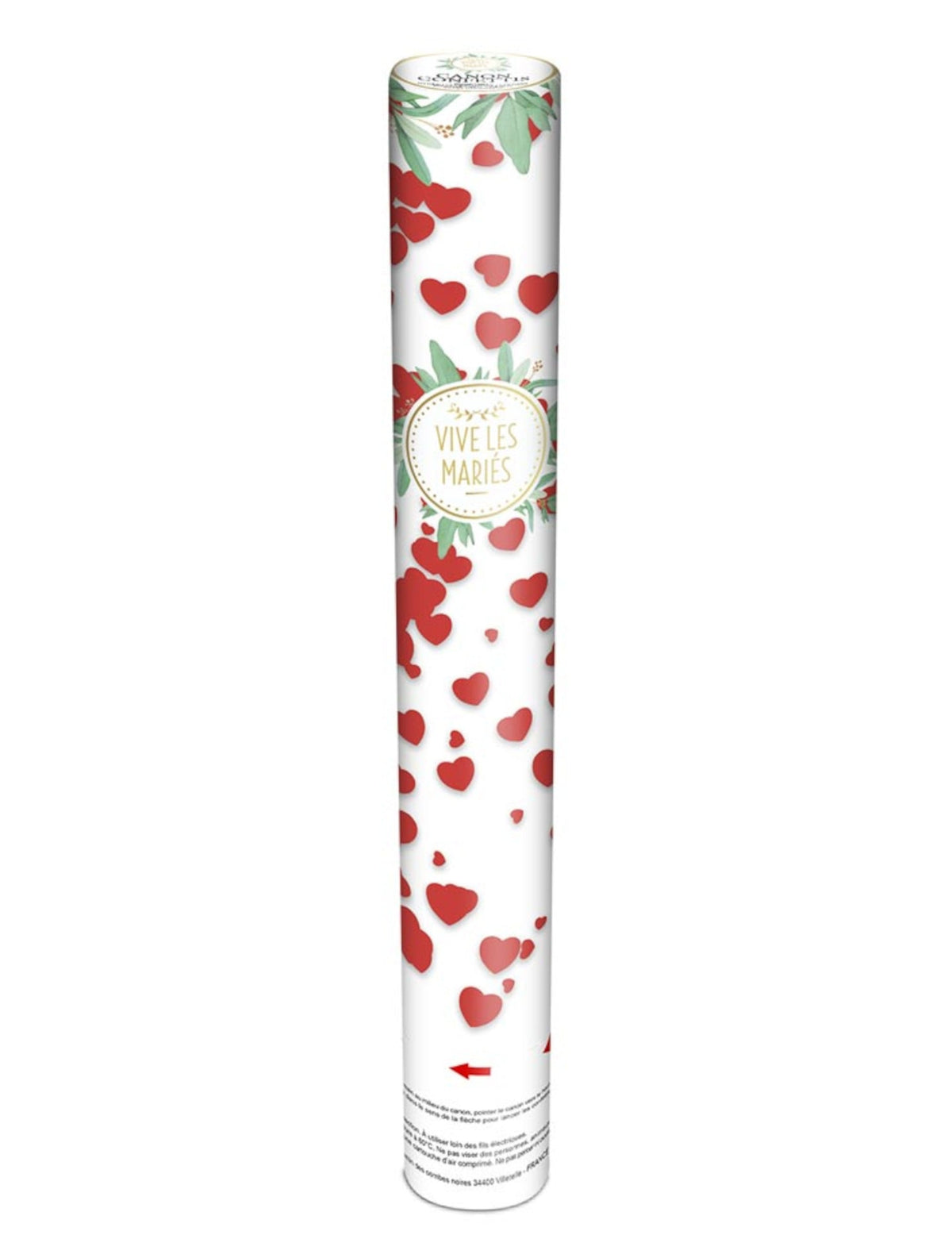 Détail de l'inscription Vive les mariés du canon à confettis cœurs rouges pour mariage