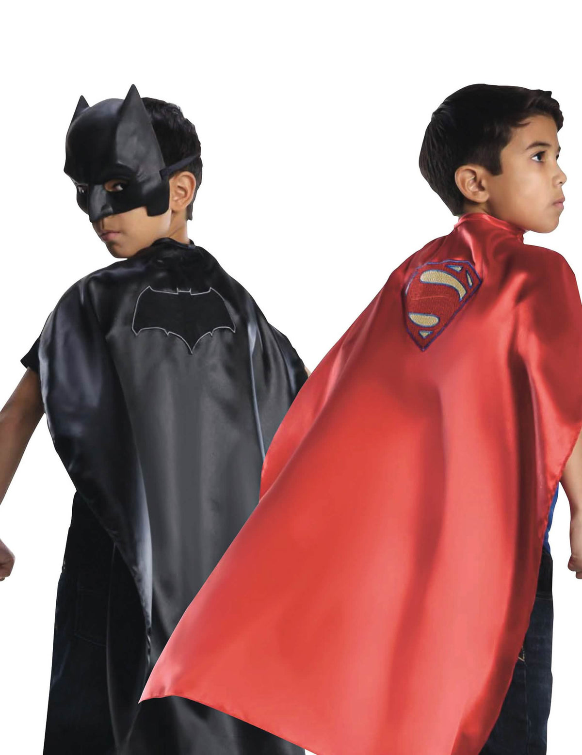 Reverzibilni Batman VS Superman plašt za dijete, crno-crven s logom i maskom