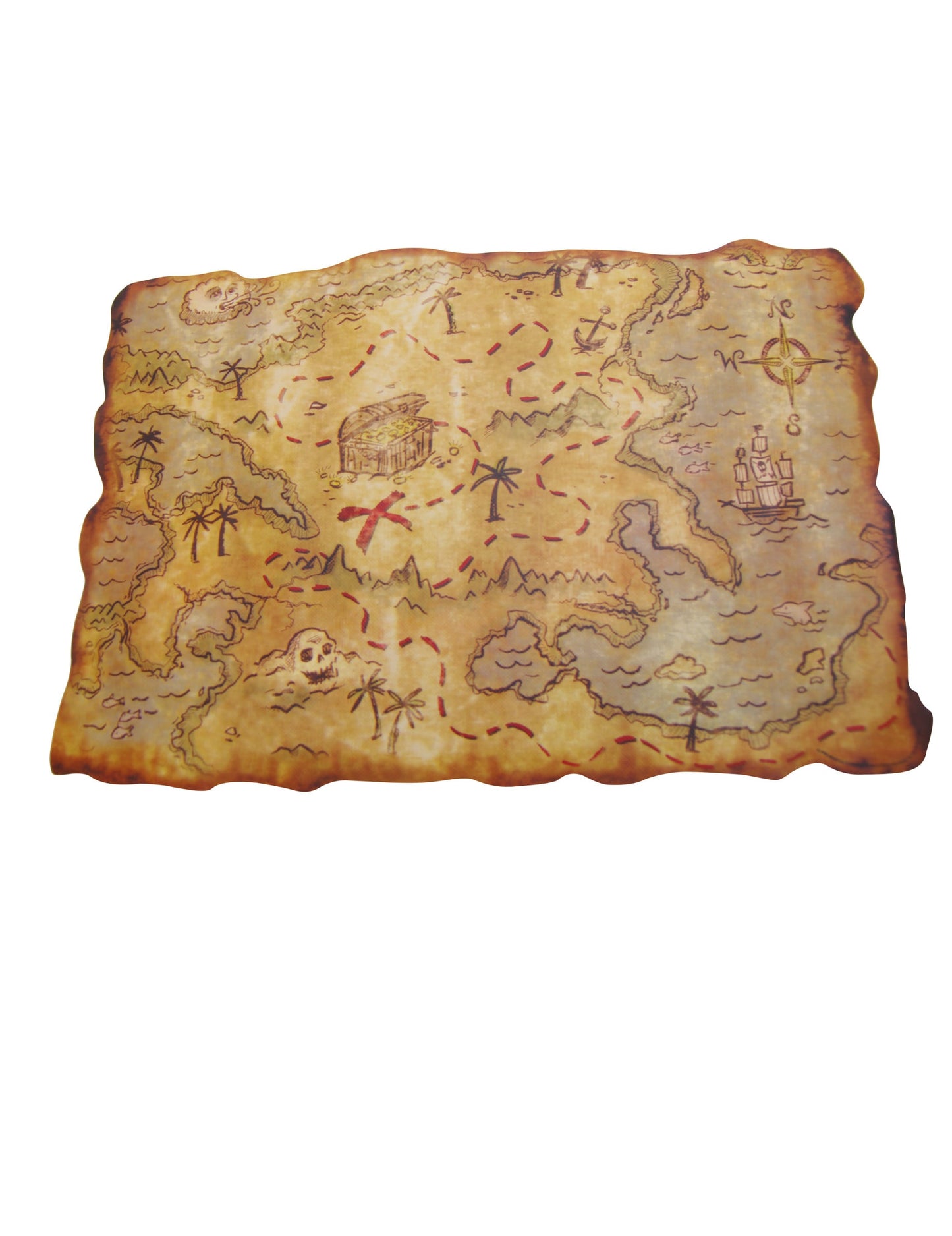 Carte en plastique pirate aspect vieux parchemin beige avec croix rouge et coffre au trésor