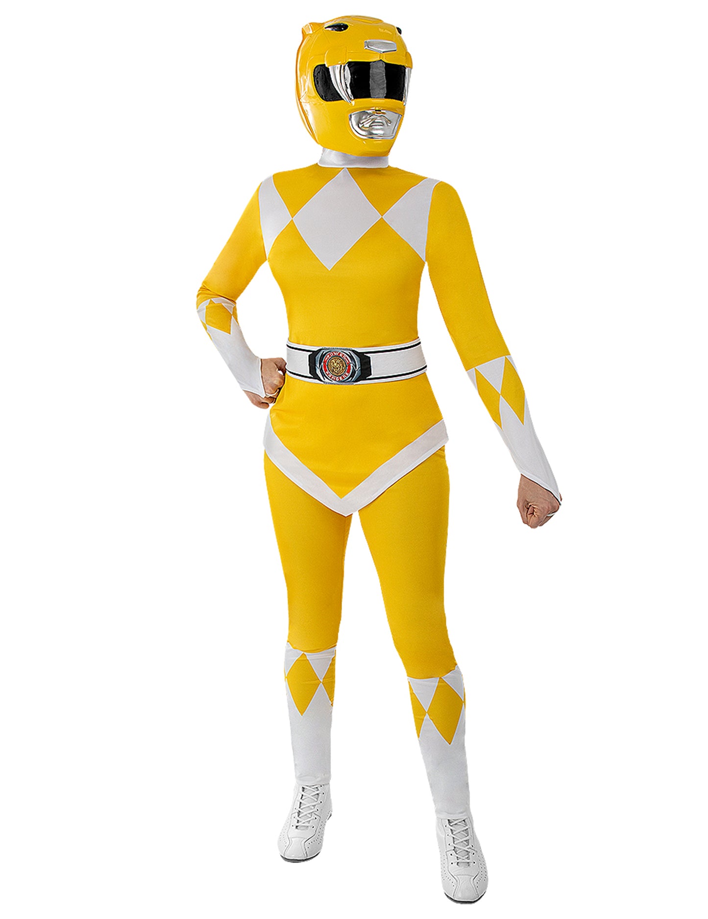Vue d'ensemble portée du casque Power Ranger™ pour adulte jaune
