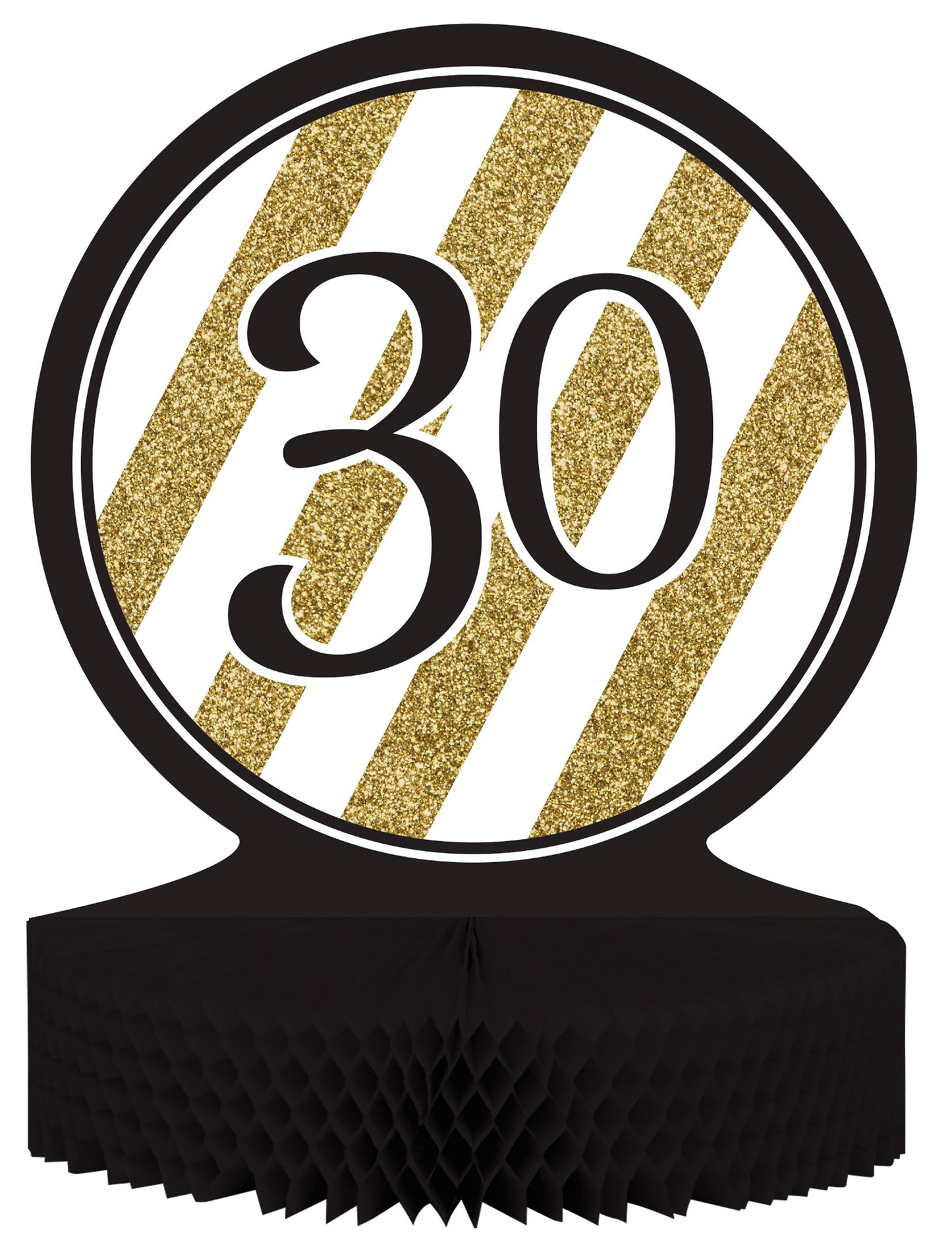 Centre de table en papier alvéolé 30 ans pour anniversaire noir et doré à rayures pailletées