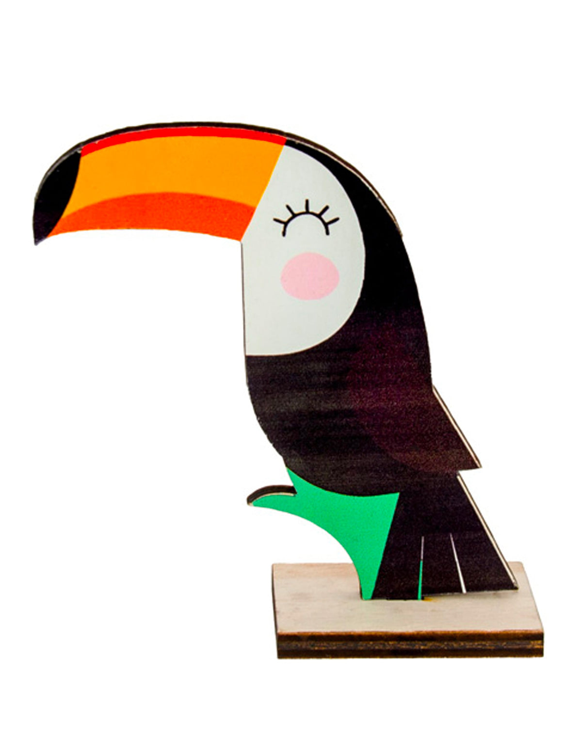 Centre de table en bois toucan mignon pour déco tropicale noir orange et blanc
