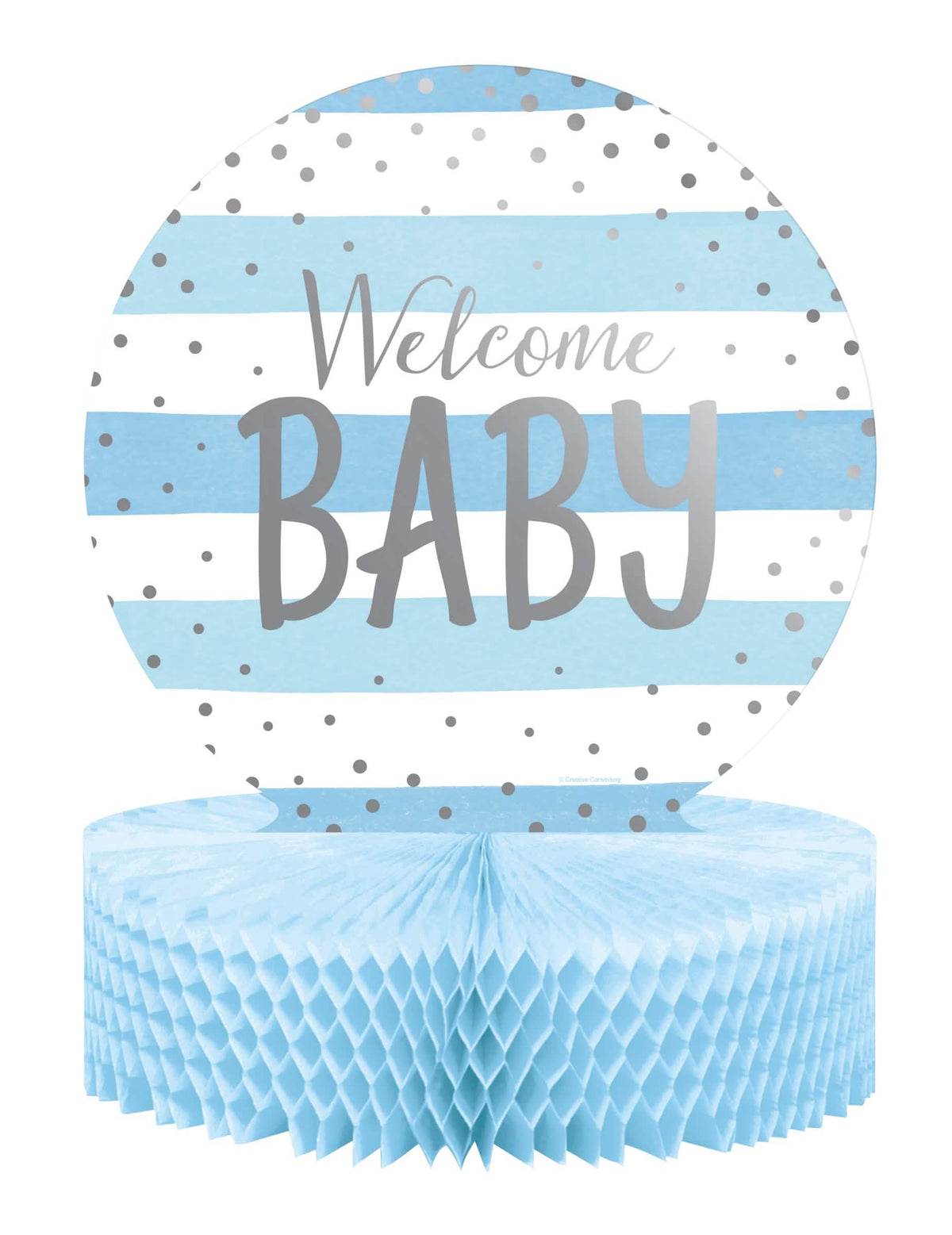 Papirnati stoni ukras s saćastim efektom Welcome Baby za baby shower plava i bijela