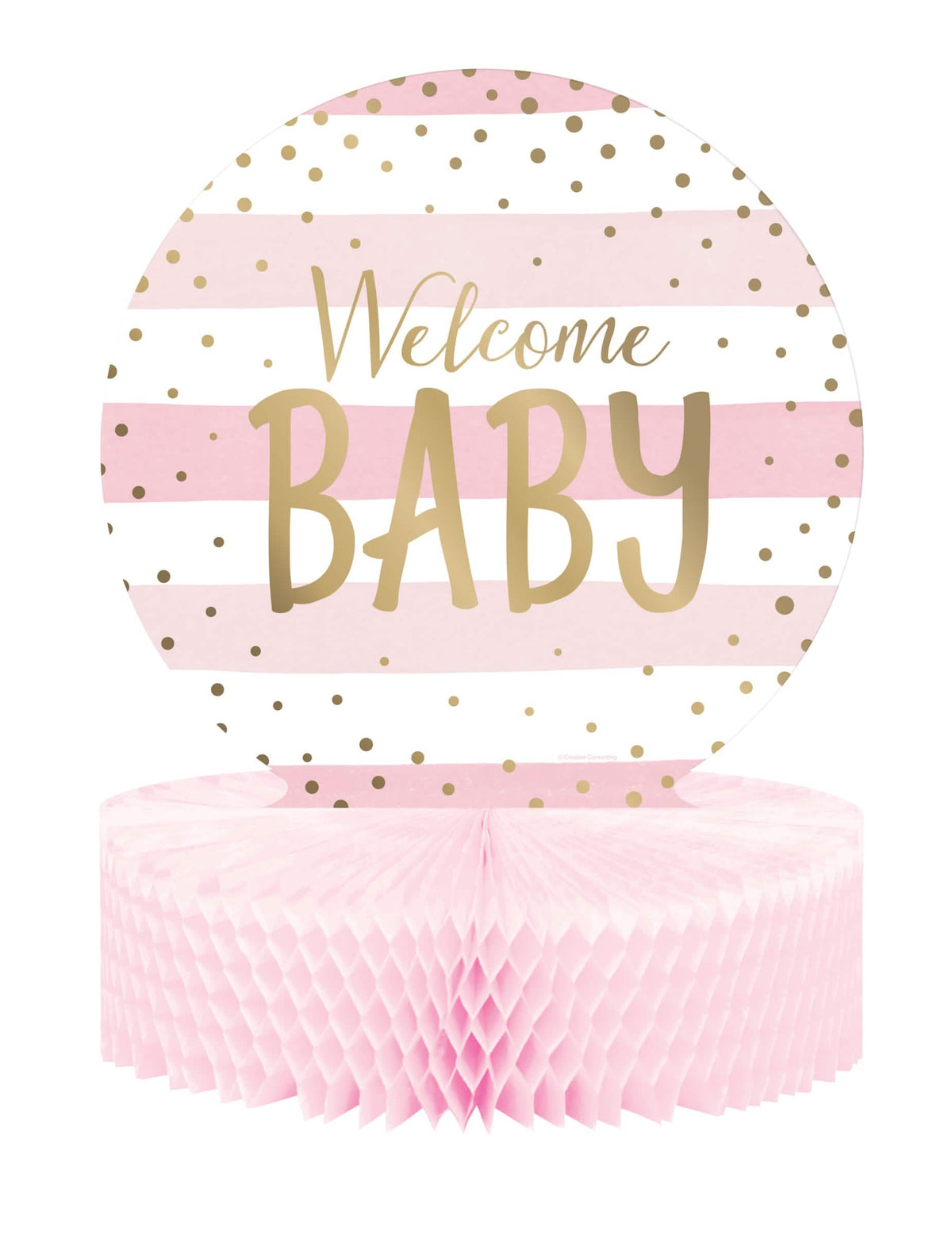 Središnji ukras od saća od papira Welcome Baby za baby shower roza i bijela s pozlaćenim točkicama