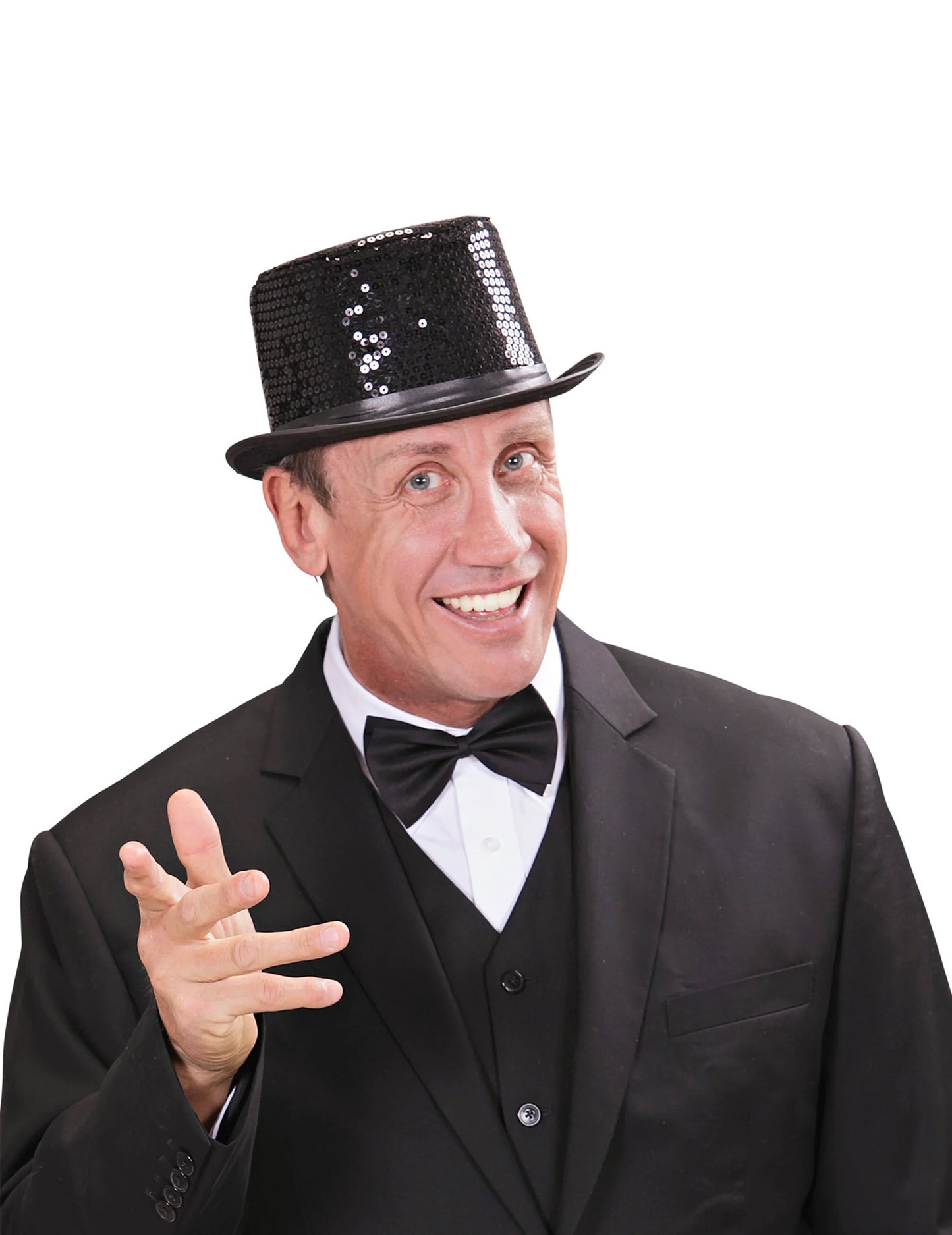 Crni gornji šešir s odraslim crnim obrisima šljokica