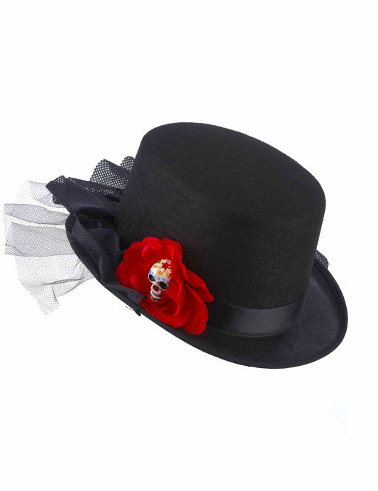 Vue de profil avec fleur et voilette du chapeau haut de forme Dia de los muertos