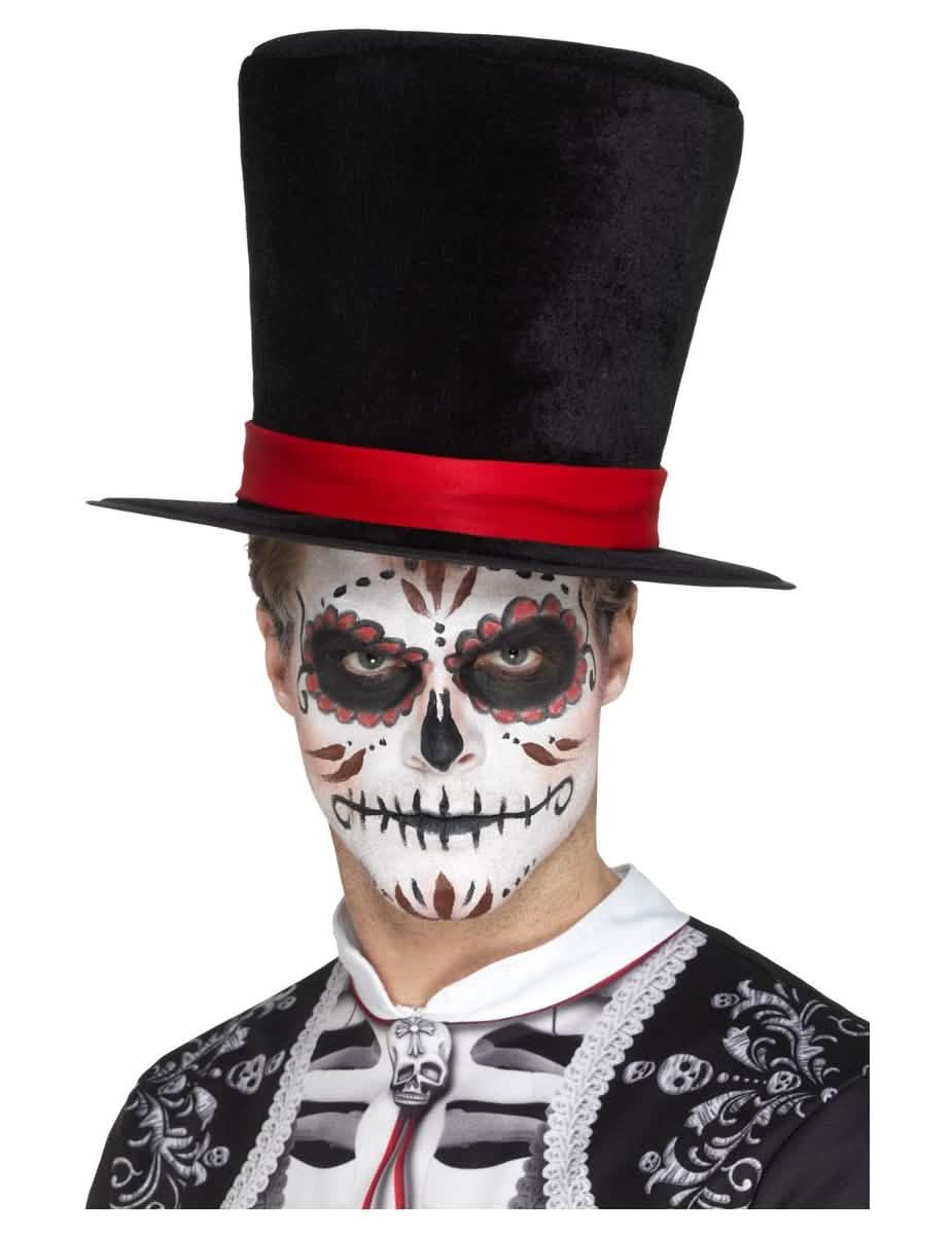 Cilindar od velura Dia de los Muertos za odrasli crna s crvenom vrpcom