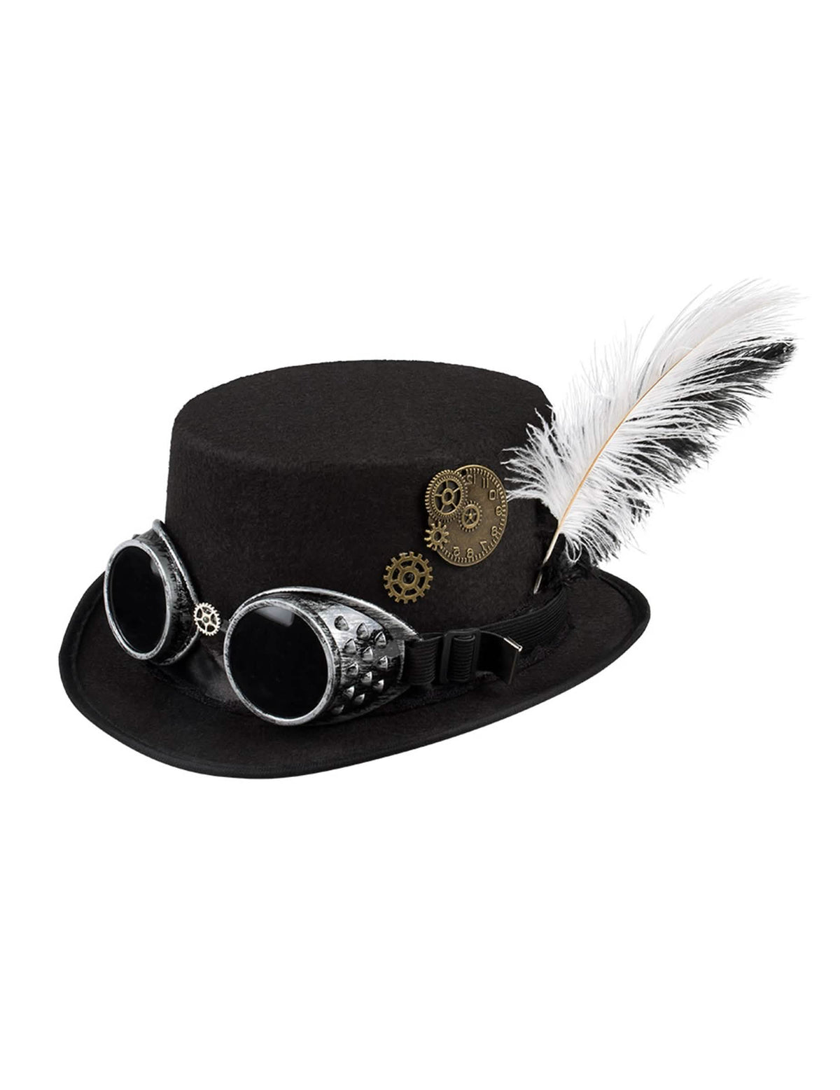 Pogled iz tri četvrtine s zupčanicima i perjem šešira steampunk