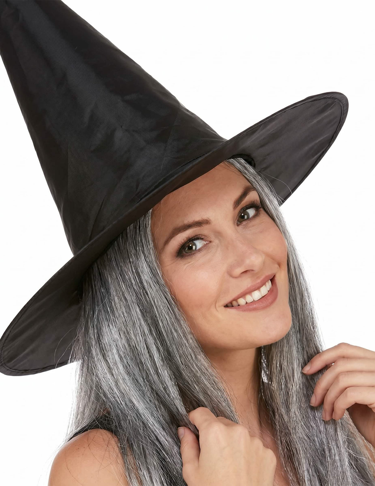 Crni šešir vještica s odraslim sivom Halloween kosom
