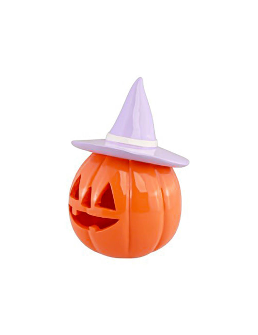 Dekorativna bundeva Summerween od smole, narančasta, s lila šeširom 12,5 x 12,3 x 17 cm