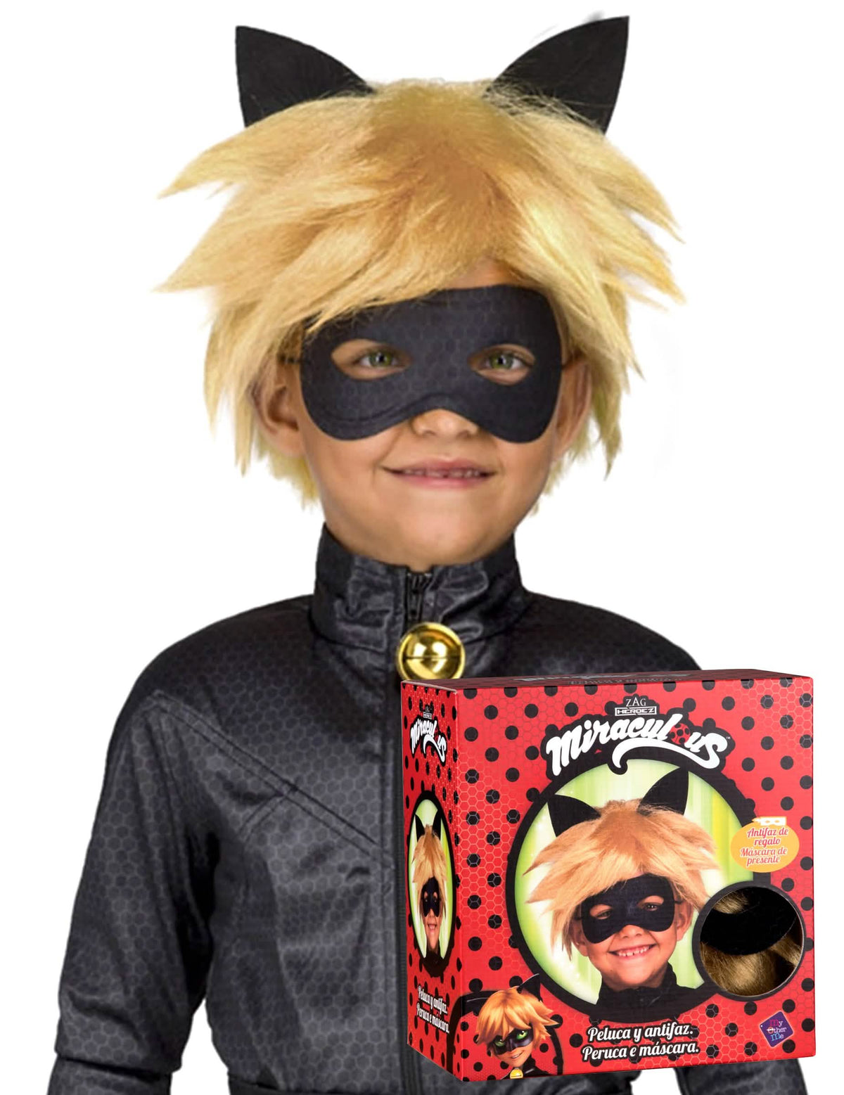 Pogled na ambalažu perike i maske mačke crna Miraculous™ za dijete