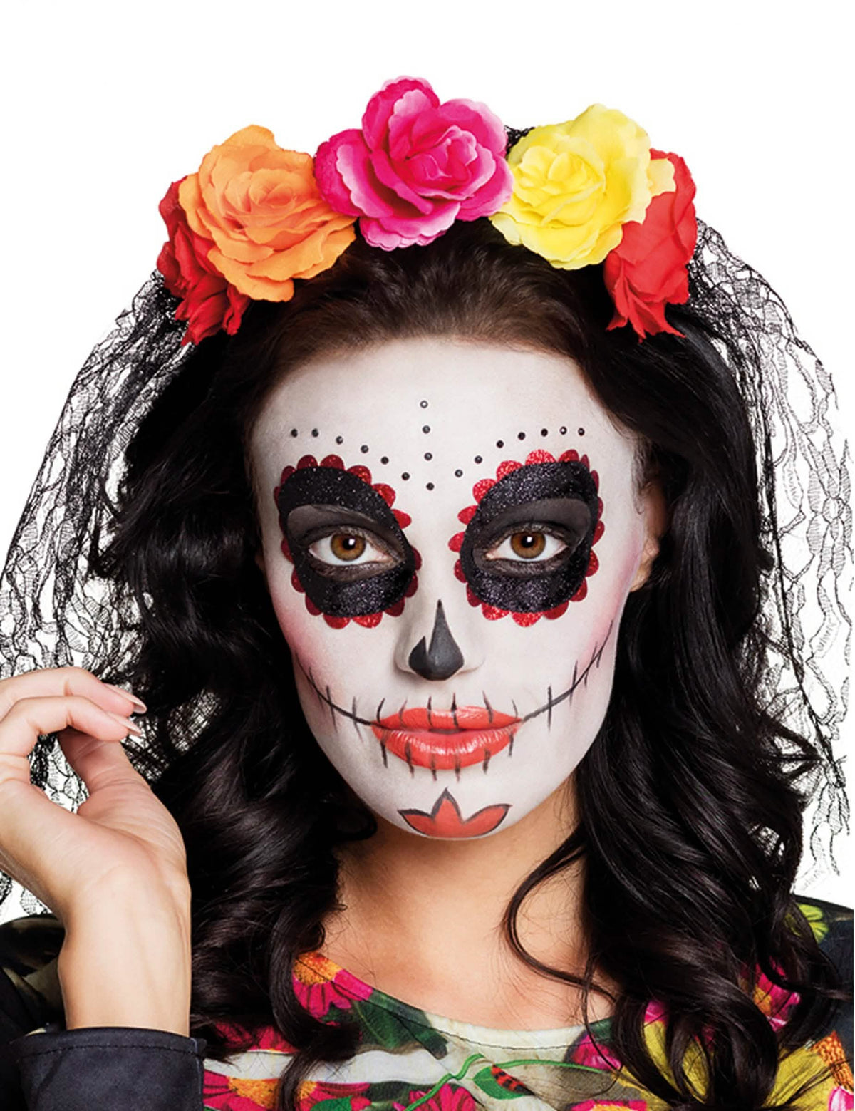 Pokrivalo Dia de los muertos za odrasli s velikim višebojnim ružama i crnim čipkastim velom