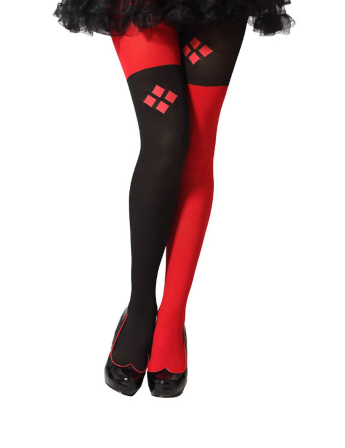 Collant arlequin diabolique pour femme rouge et noir avec motifs losanges