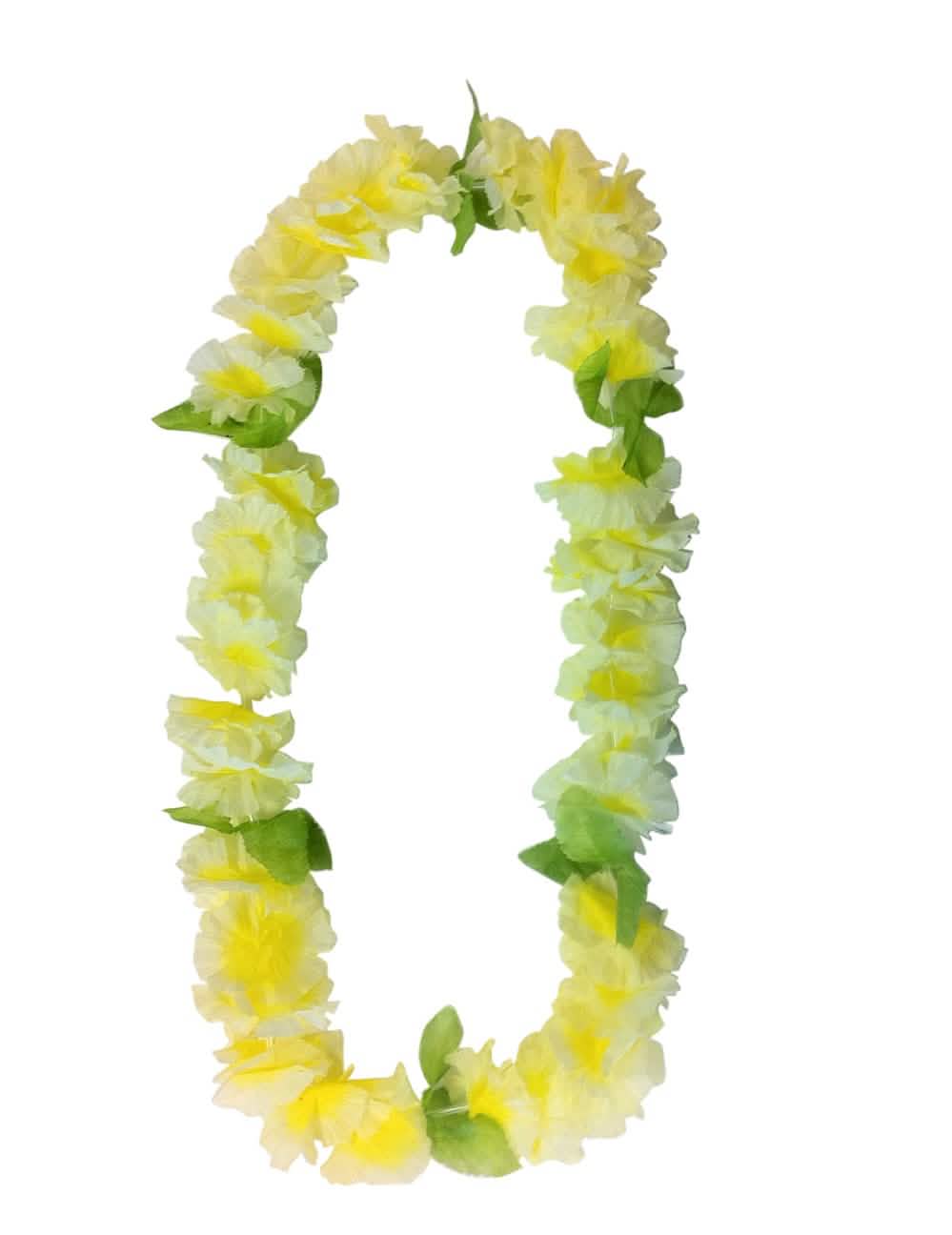 Havajski cvjetni vijenac za odrasle žuta i bijela s zelenim lišćem