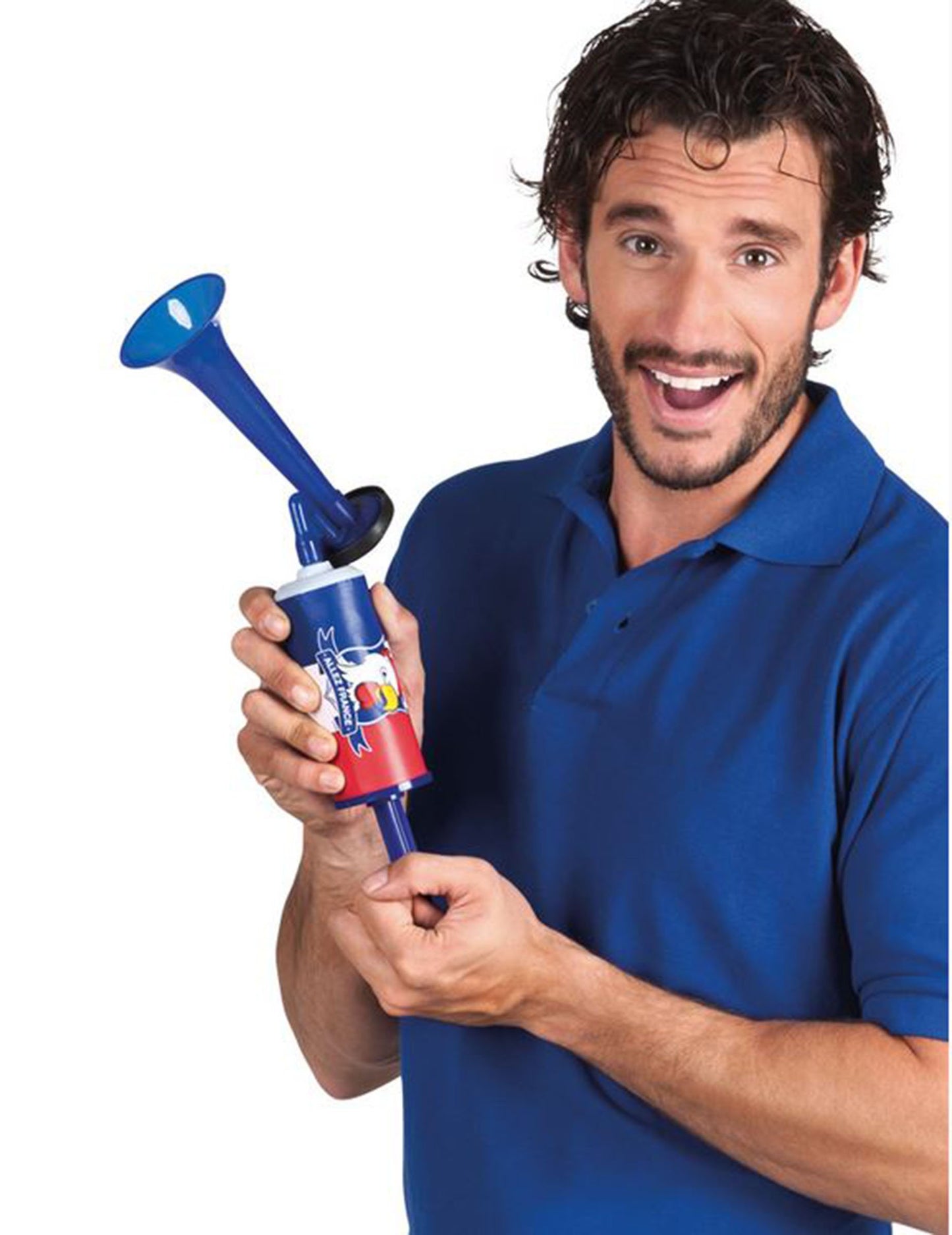Corne de brume supporter France pour adulte bleue blanche et rouge avec pompe manuelle