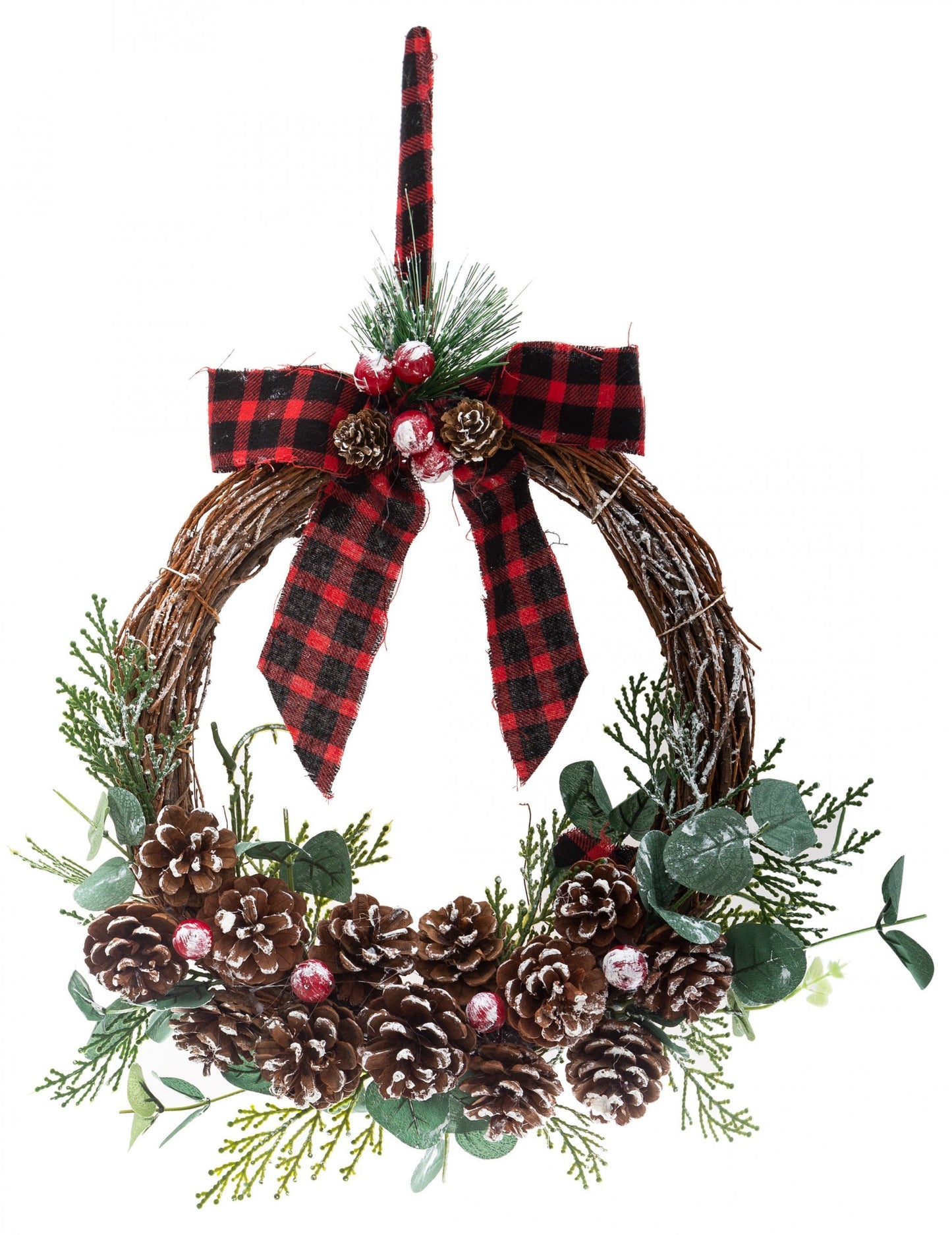 Vijenac za vješanje s tartan mašnom i češerima 40 cm