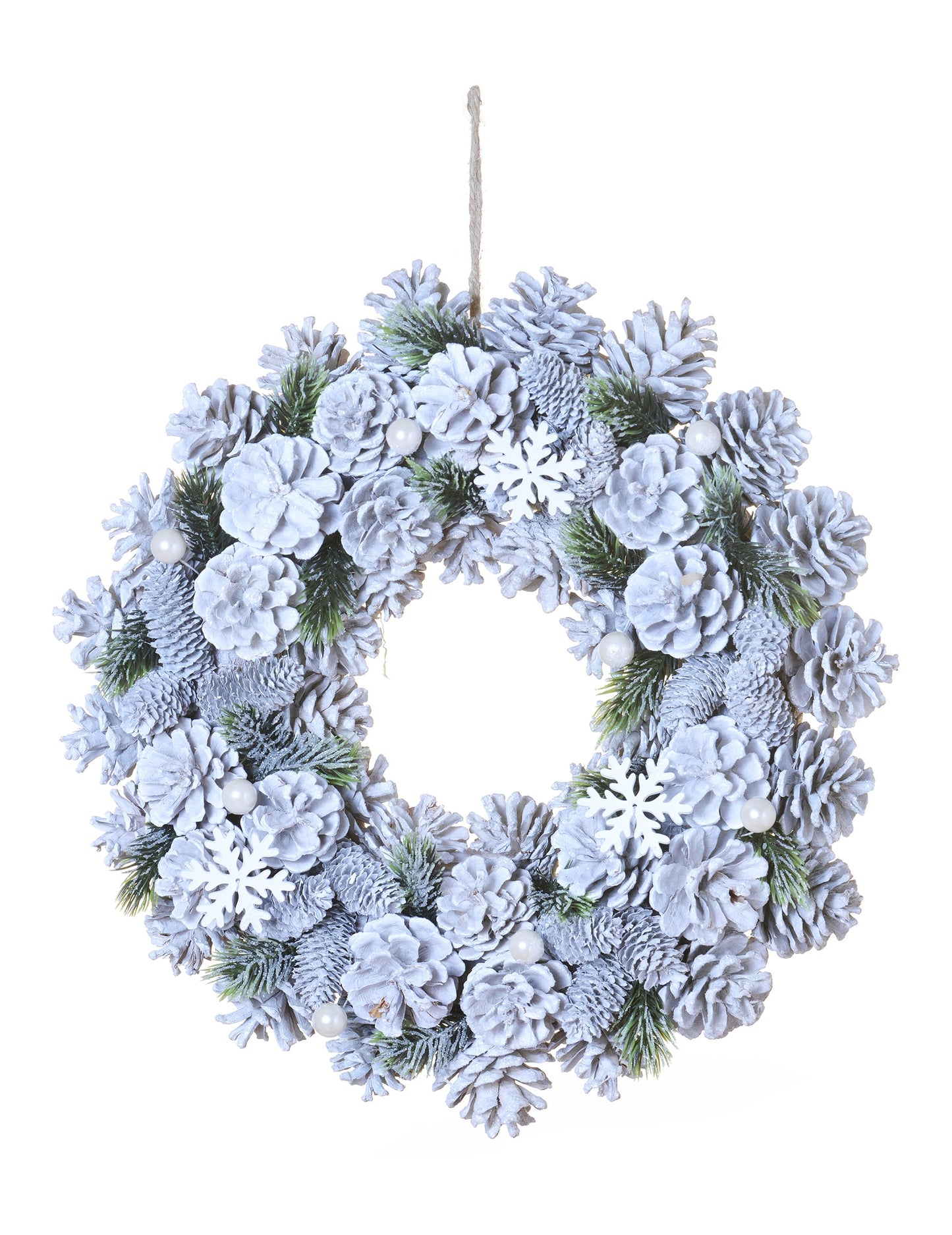 Couronne de noël pommes de pin et sapin enneigé pour la maison blanc givré avec flocons et perles