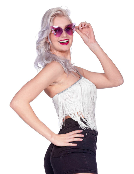 Ženski bijeli festivalni crop top s resicama