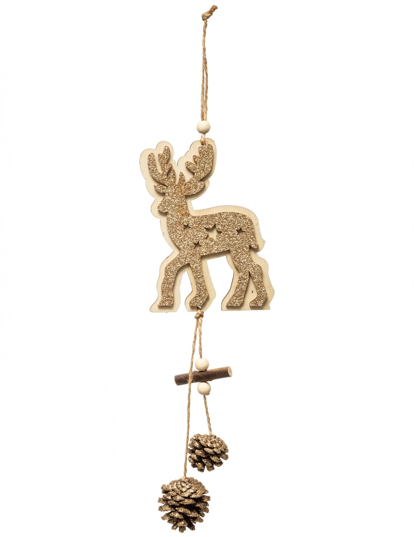 Viseći ukras: zlatni sobovi od drveta i borovih češera, 35 cm