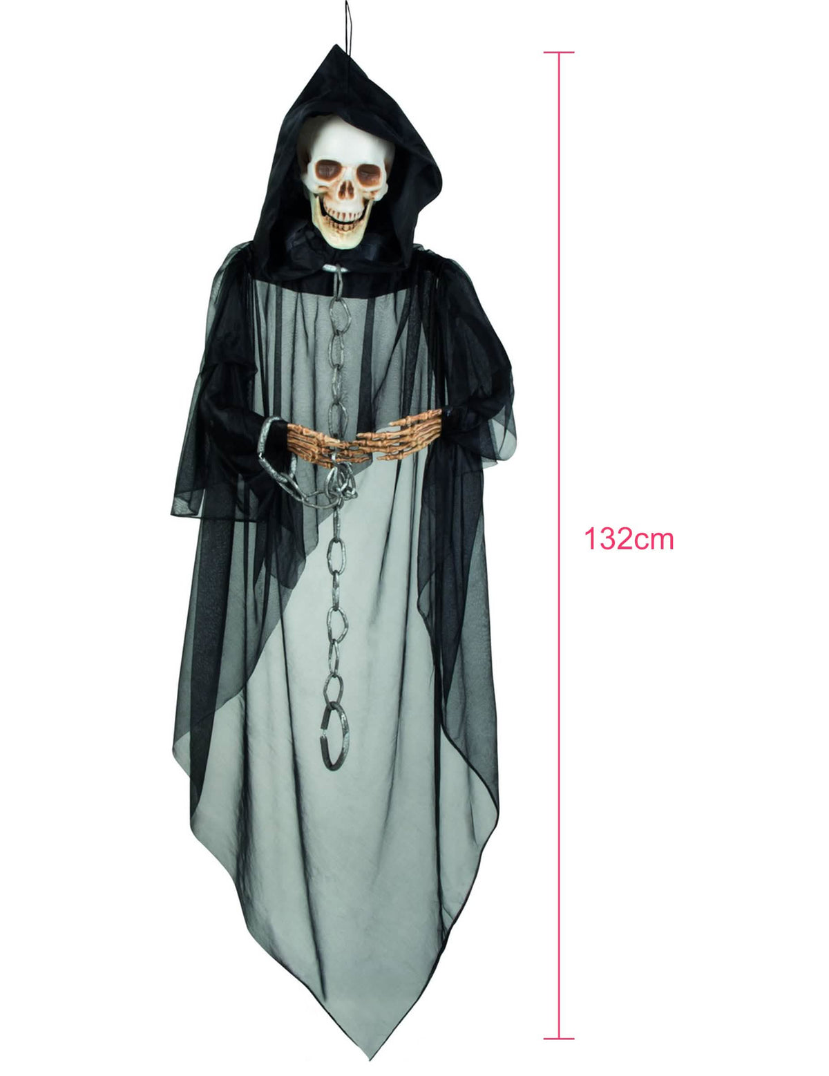 Prednji pregled viseće dekoracije kostura u lancima za halloween