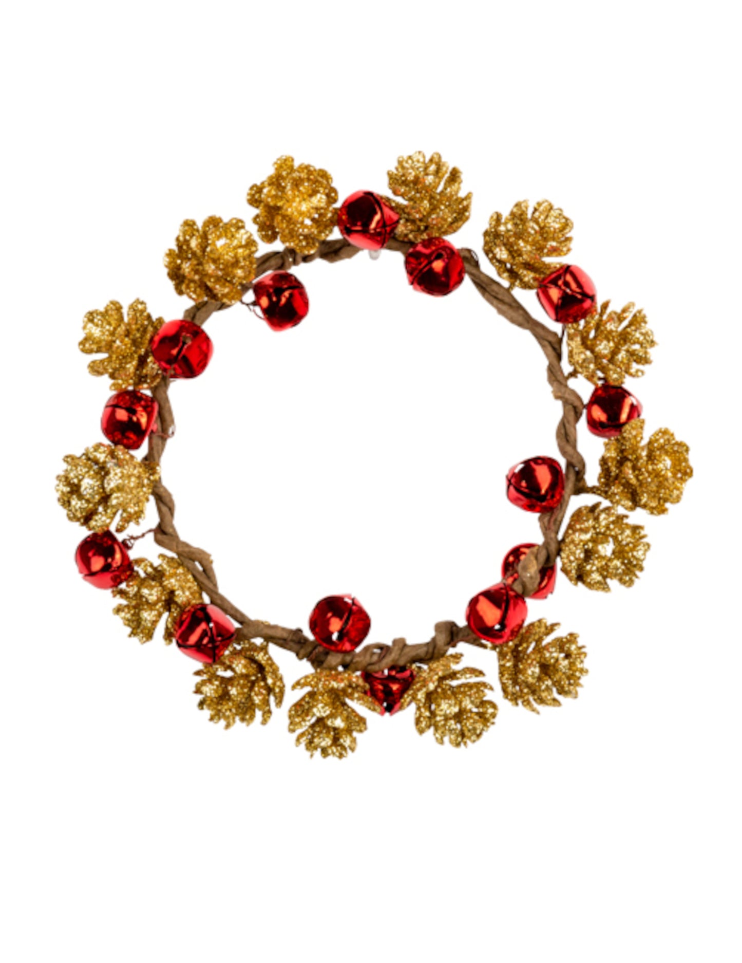 Ukras od vijenca od češera sa zvončićima, 13 cm, izrađen od uvijenog drveta