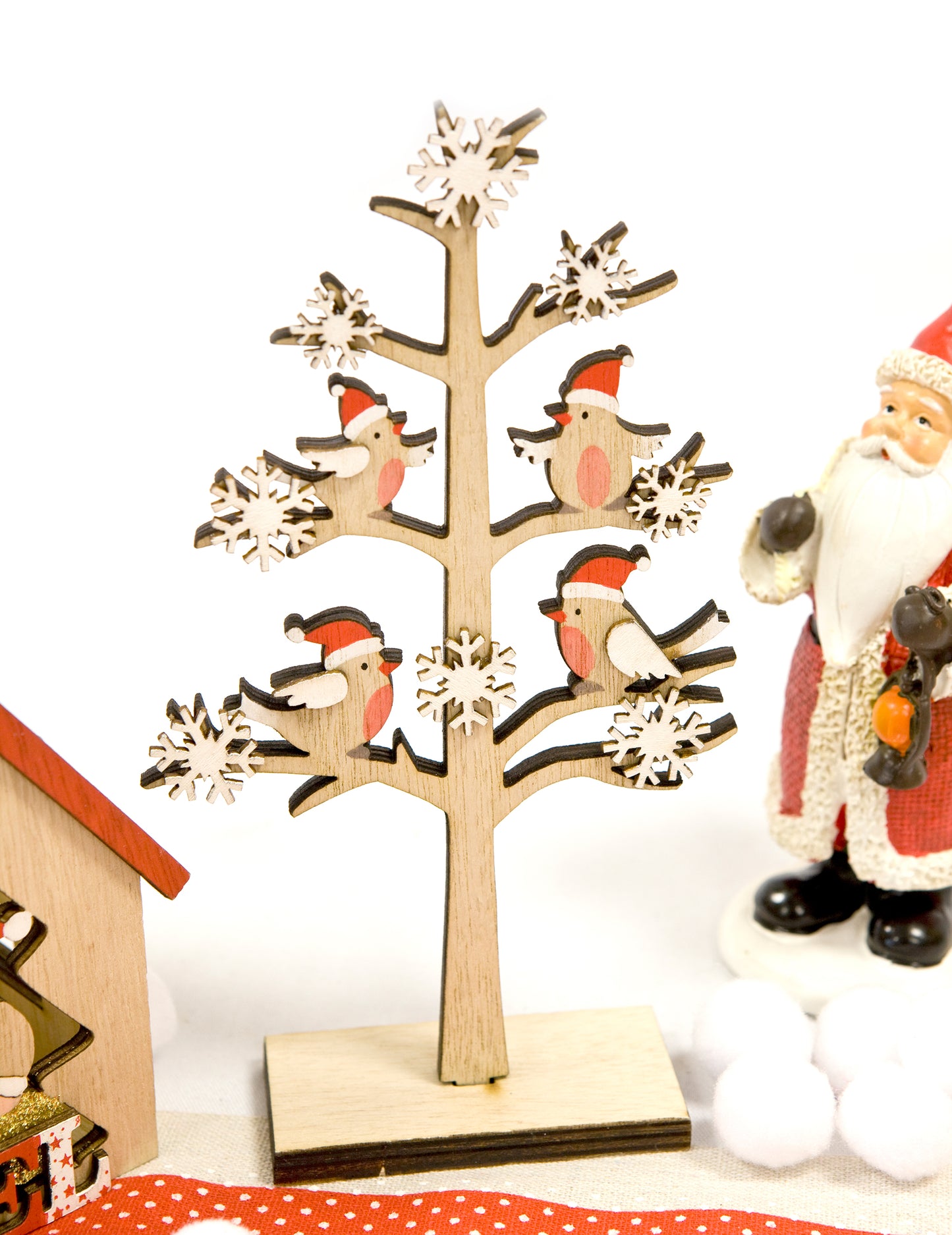 Drveni ukras za jelku s pticama na nogama i božićnim pahuljicama 18 x 11 x 4 cm