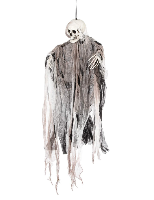 Décoration faucheur squelette à suspendre gris et blanc avec voile déchiré