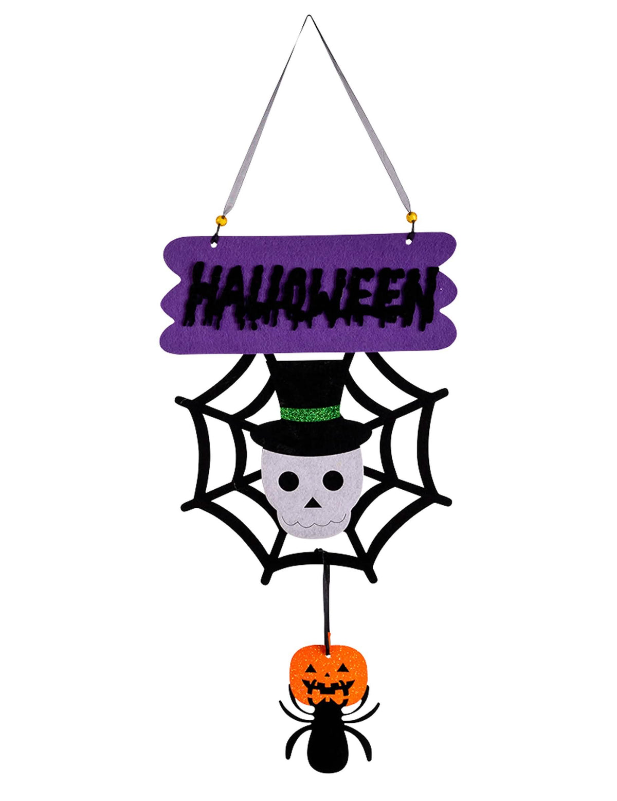 Dekoracija malog kostura za halloween ljubičasta i crna s paukovom mrežom i bundevom