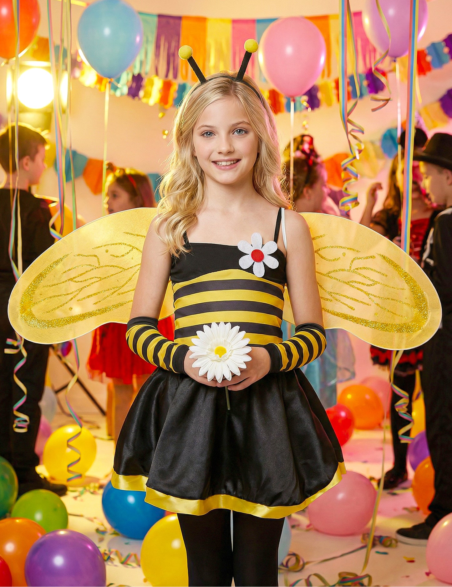 Mise en situation festive du déguisement d'abeille pour fille