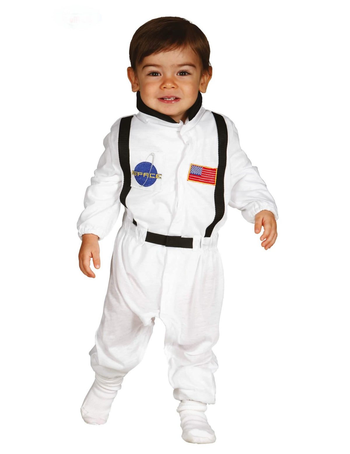 Kostim astronauti za beba bijela s flasterima i crnim naramenicama