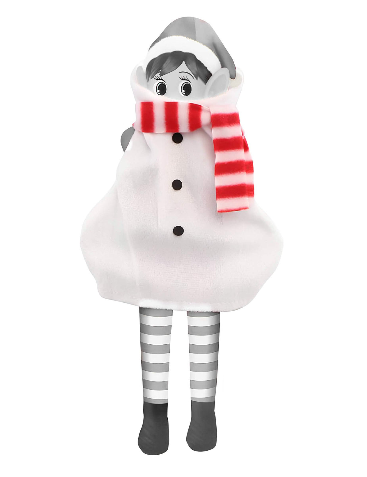 Déguisement bonhomme de neige pour poupée lutin farceur blanc avec écharpe rouge et blanche