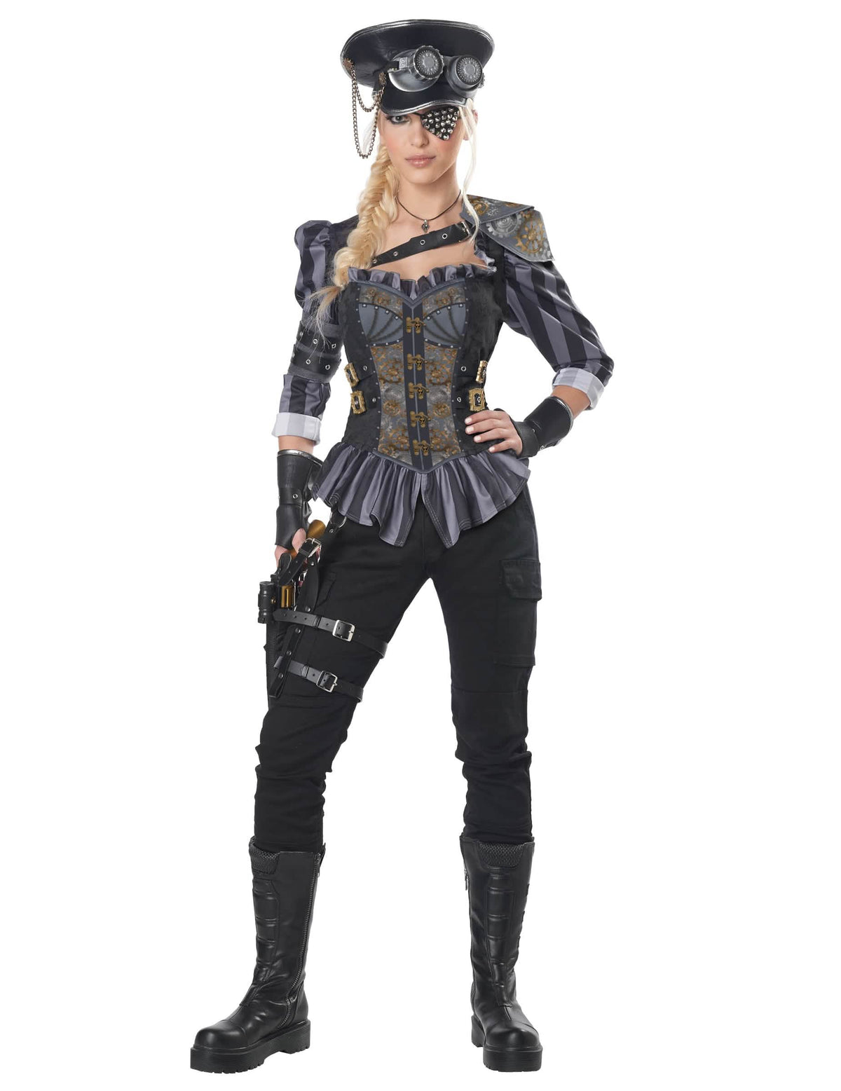 Kostim steampunk kapetana luksuz za ženu crna i siva s korzetom i šeširom