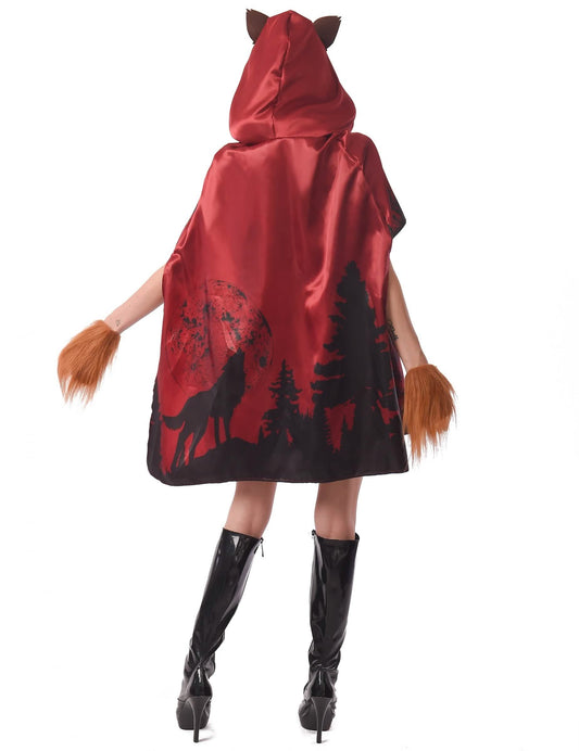 Vue de dos de la cape avec imprimé forêt et loup du déguisement chaperon loup garou