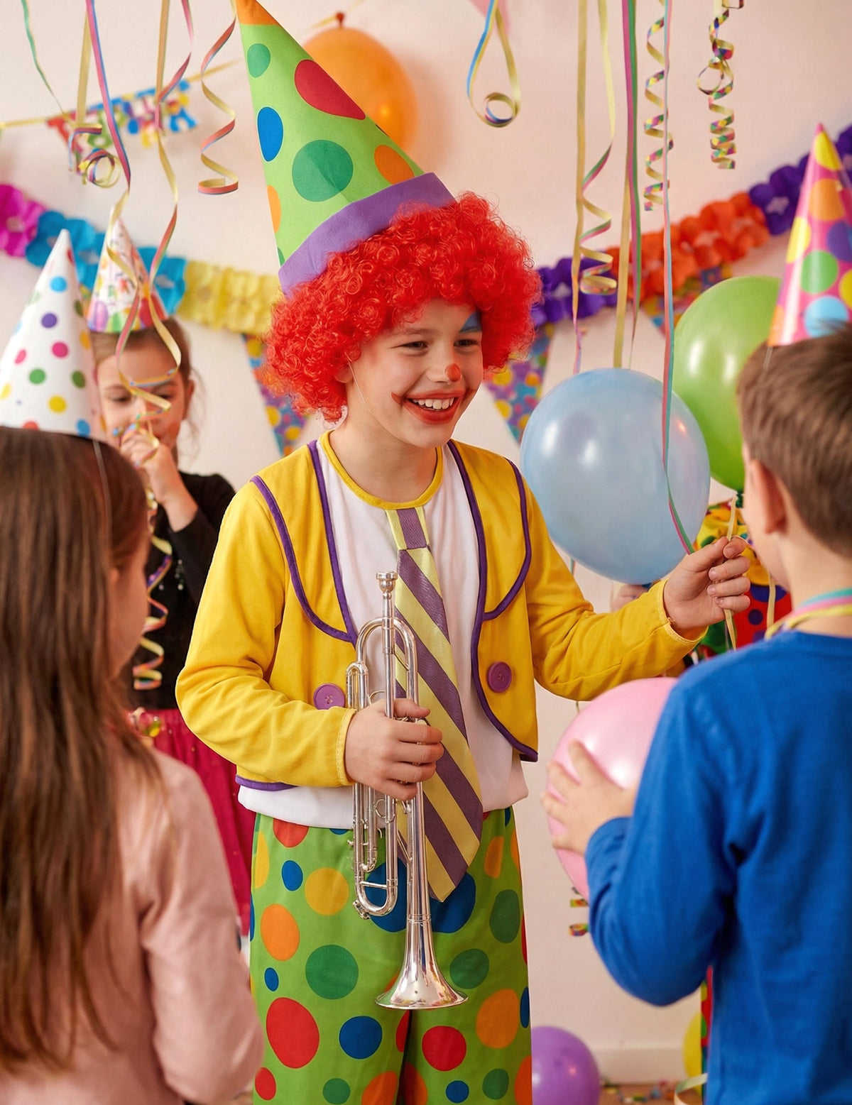 Mise en situation festive du déguisement de clown joyeux pour garçon