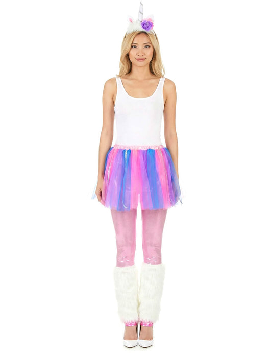 Vue de face du déguisement de licorne multicolore pour femme
