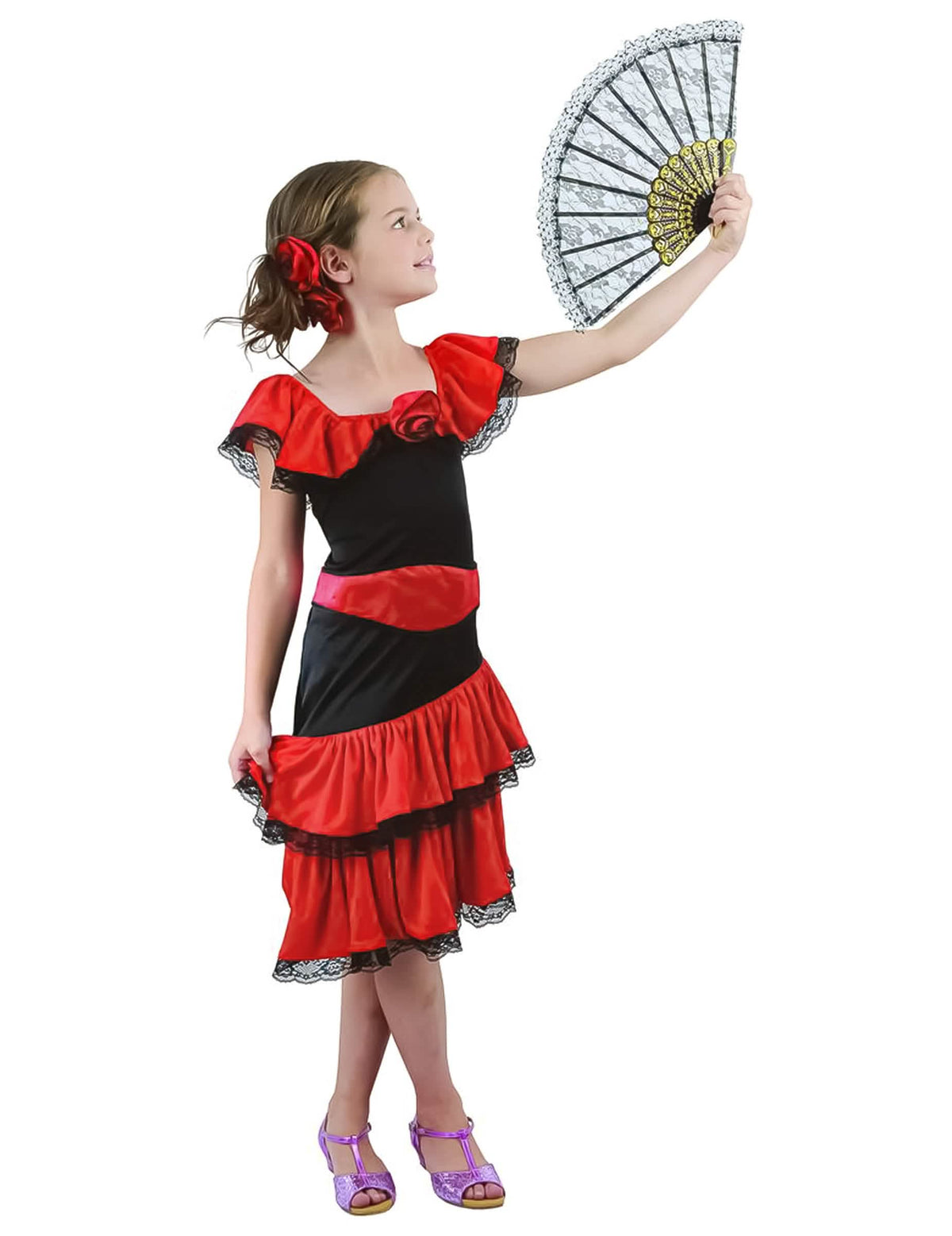 Flamenco kostim za djevojčica crvena i crna s čipkom i lepezom