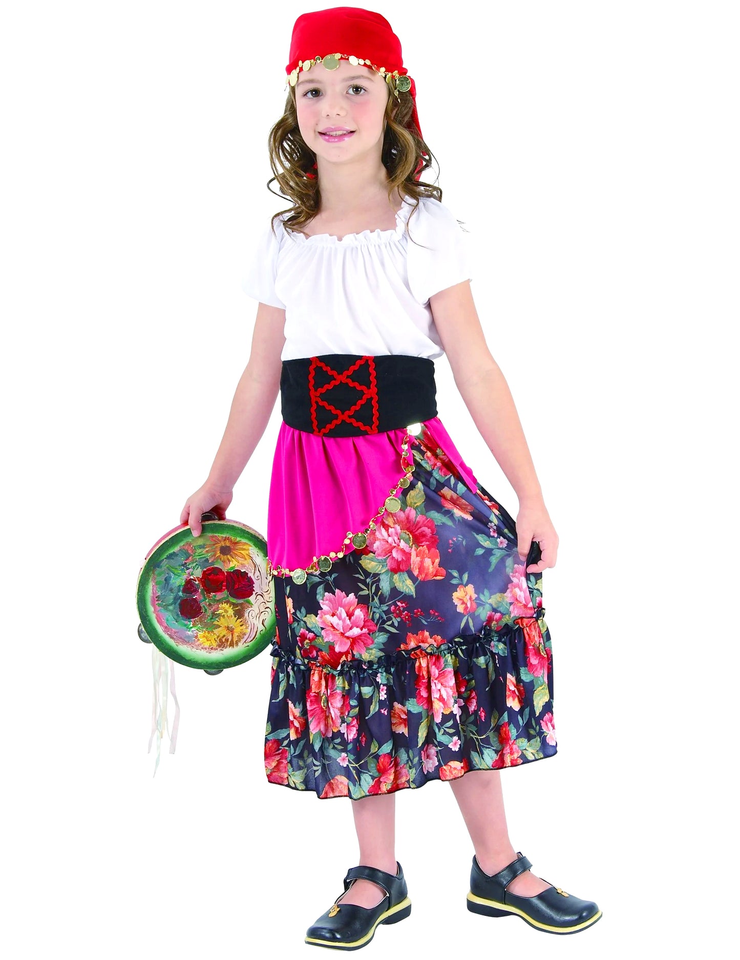 Višebojni kostim gitanke za djecu s suknjom od cvjetova i crvenim bandanom
