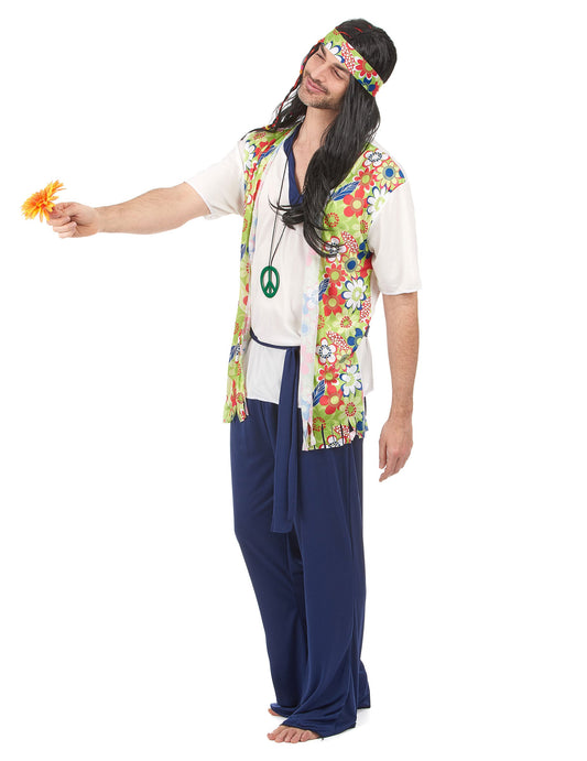 Vue de trois-quarts du déguisement hippie pour homme bleu