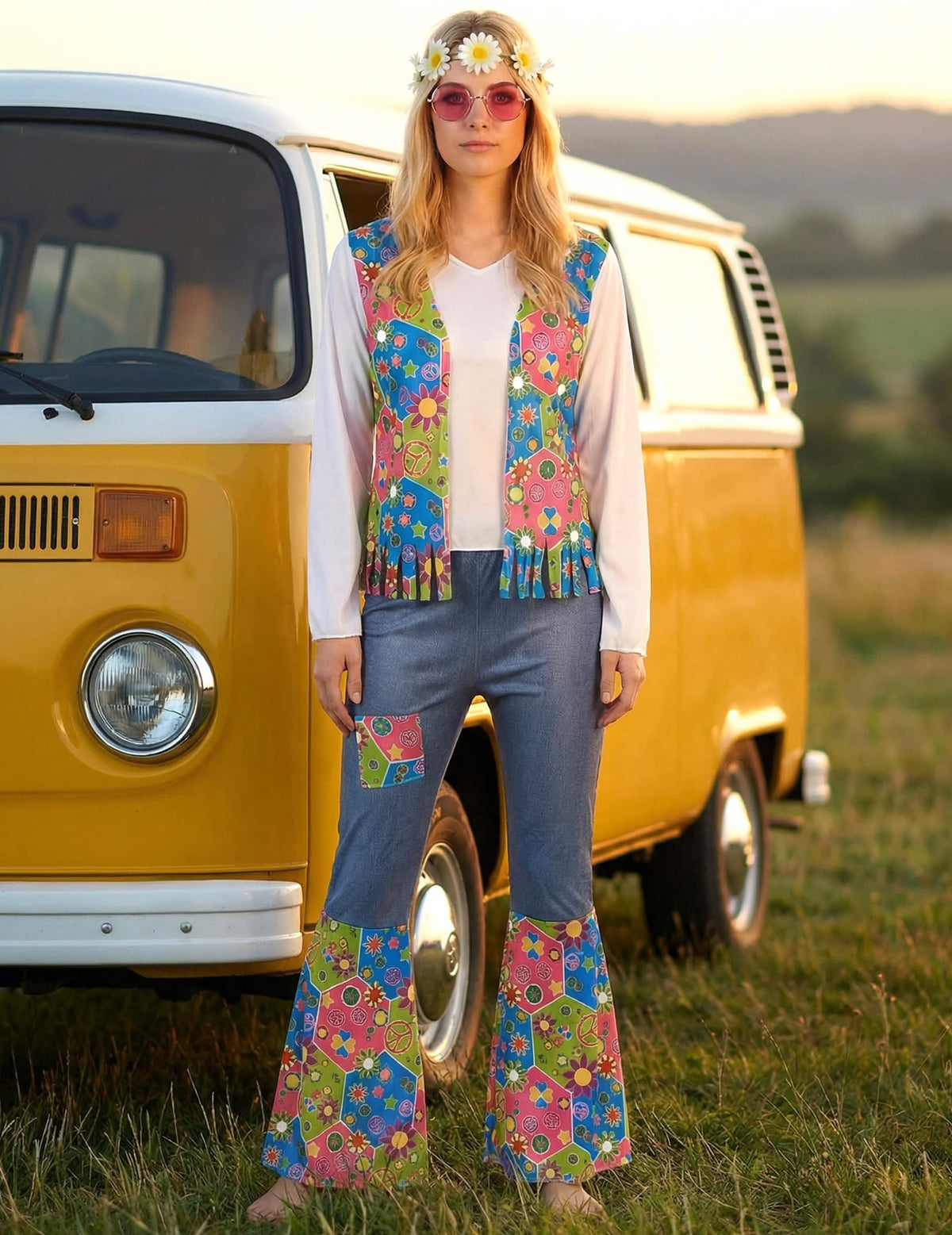 Prikaz hippie kostima peace and love za žena ispred žutog kombija