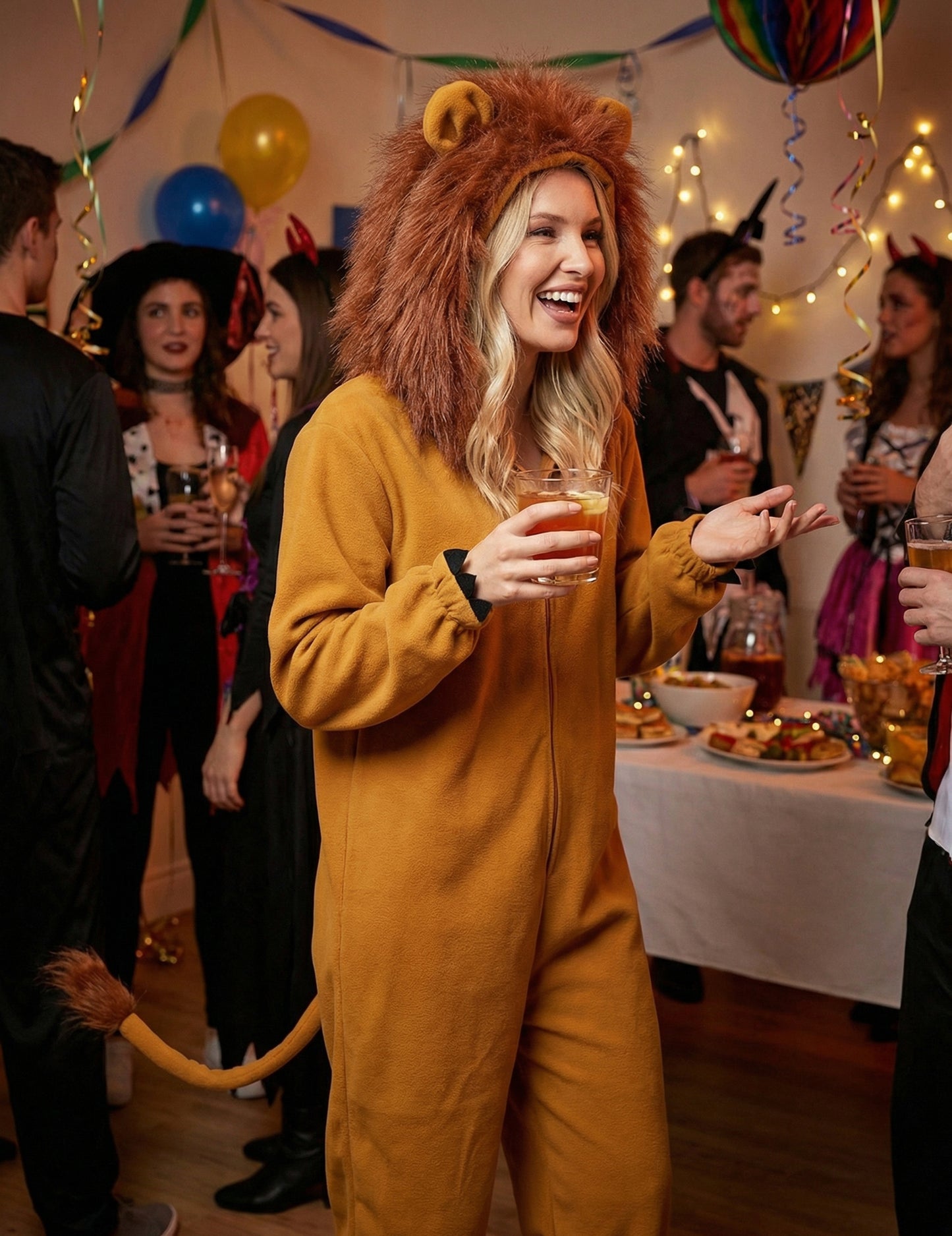 Mise en situation festive du déguisement lion fauve pour femme