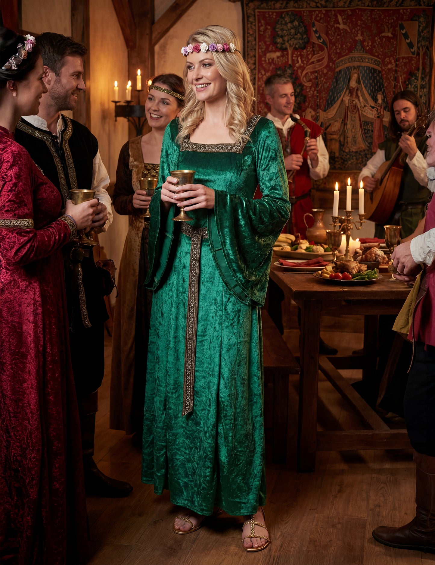 Mise en situation lors d'un banquet du déguisement médiéval pour femme