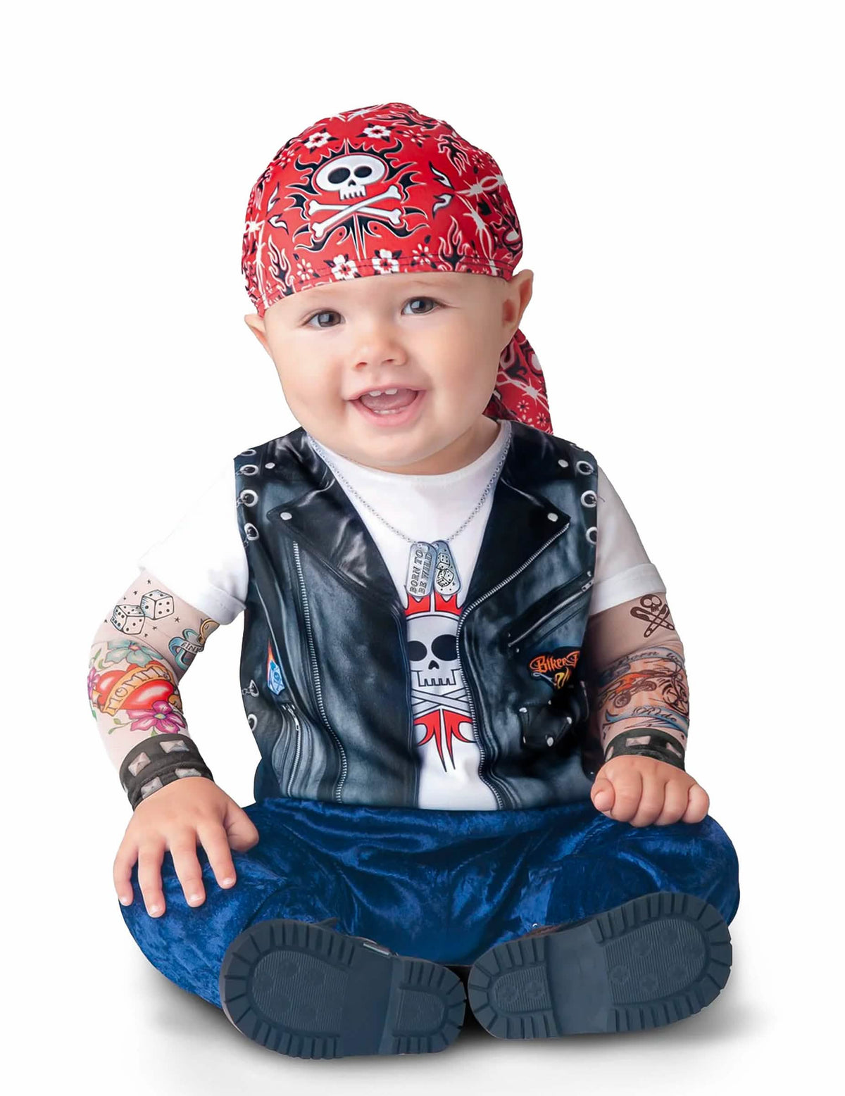 Klasični mini motociklistički kostim za bebu s crvenim bandanom i tetoviranim rukavima