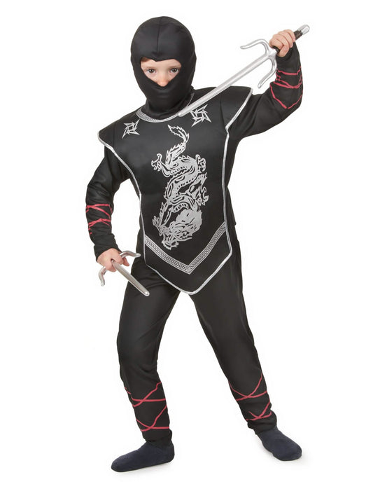 Déguisement ninja dragon argenté pour garçon noir avec cagoule et détails rouges