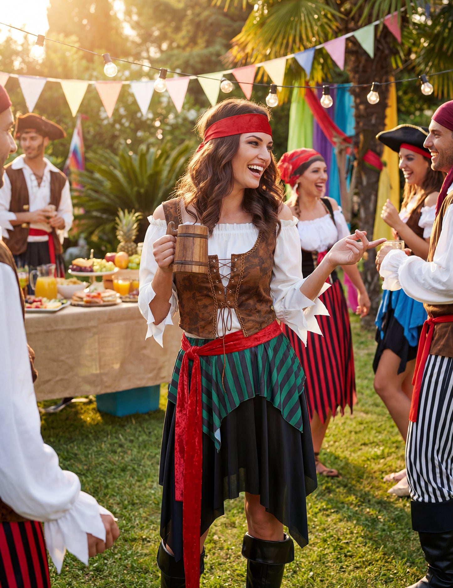 Situacija s drvenim kriglom ženskog kostima prugastog pirata