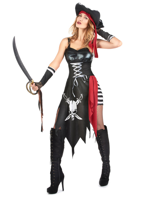 Vue d'ensemble avec sabre du déguisement pirate sexy pour femme