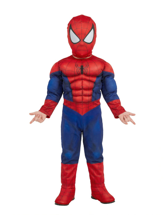 Vue de face avec masque du déguisement Spiderman™ musclé luxe pour enfant