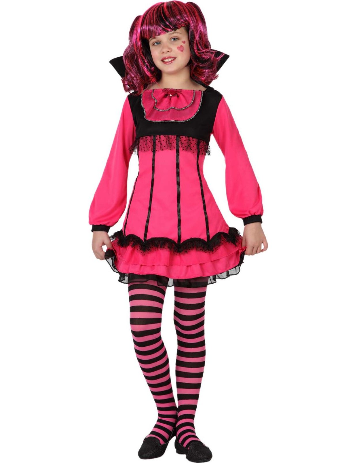 Déguisement de vampire pour fille rose et noir avec collerette et collants rayés