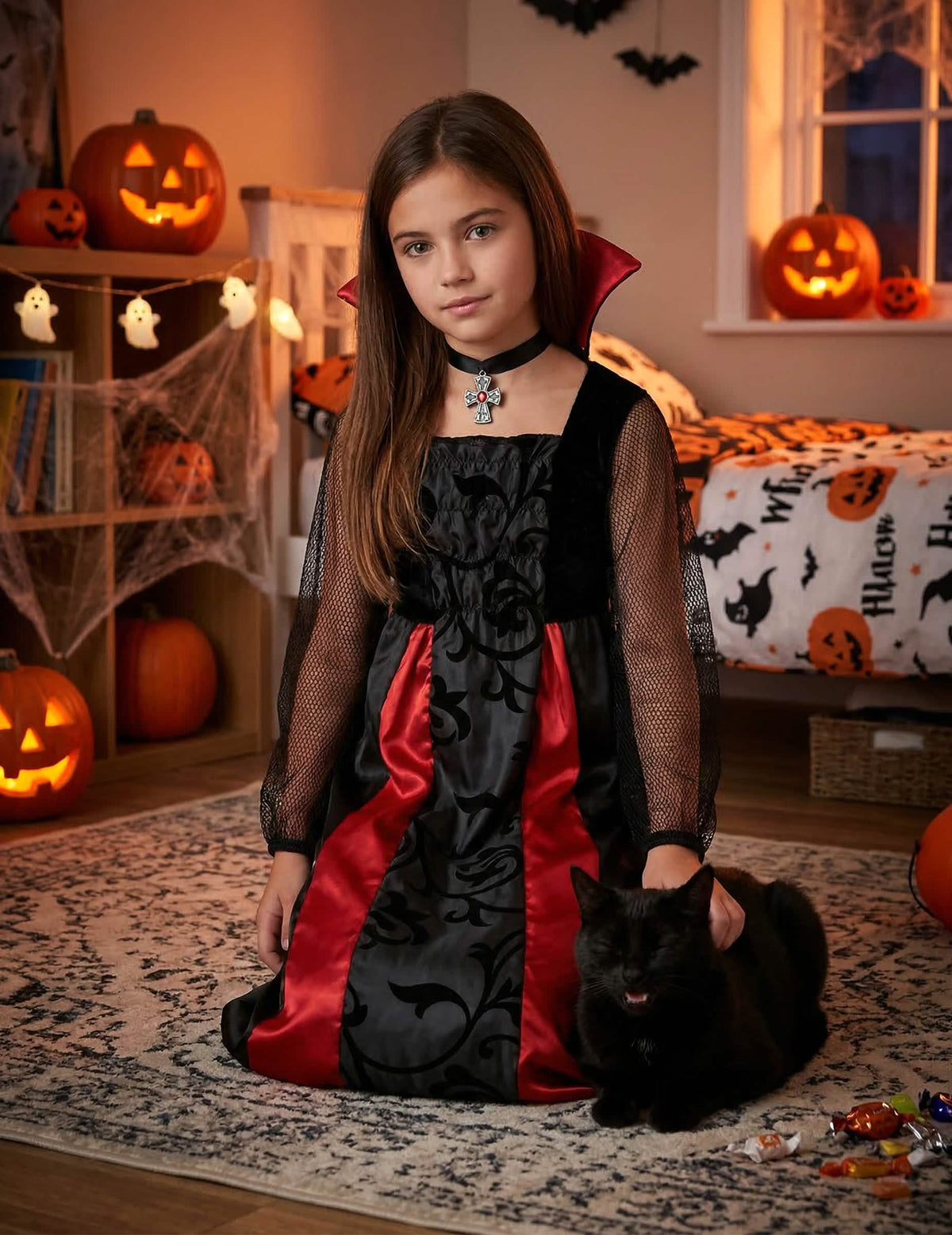 Smješteno u dekoru za halloween sa satenskim kostimom Vampir za djevojčica